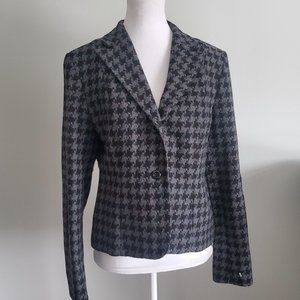 70% Wool Suit Blazer Jacket Houndstooth Pattern Black Gray Tailored Career Wear